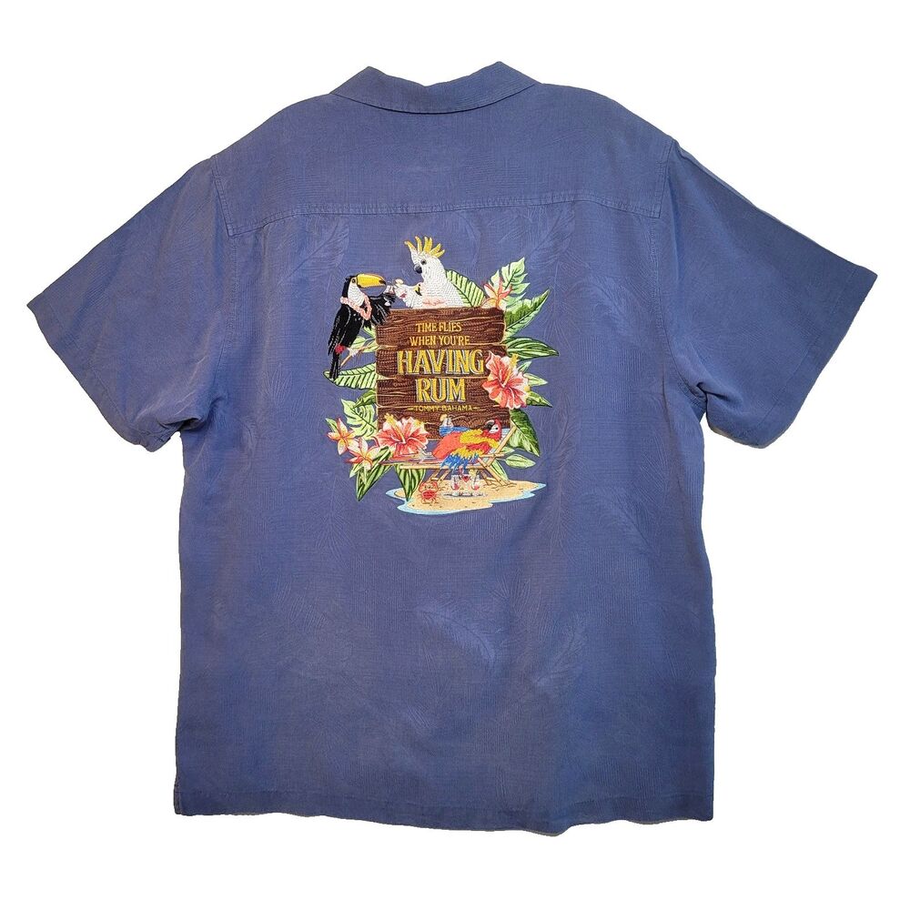Tommy Bahama “Time Flies When You're Having Rum” Embroidered Silk Camp Shirt L